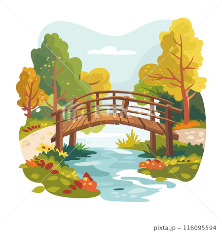 Wooden bridge over stream colorful autumn park. Peaceful landscape scene warm fall season. Cartoon illustration water reflection trees leaves 116095594