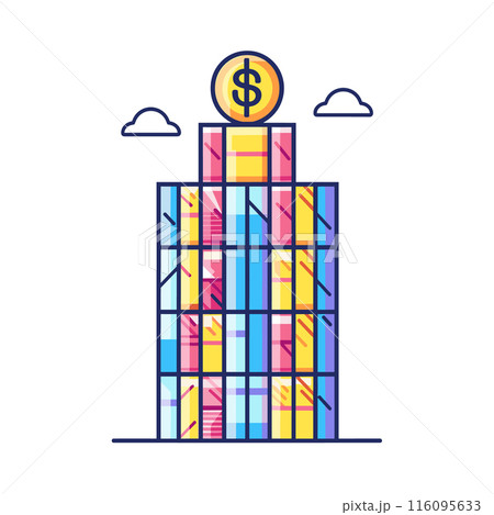 Illustration colorful skyscraper building topped large dollar coin against sky background. Modern architecture concept symbolizing corporate finance, economic growth. Flat style vector graphic 116095633