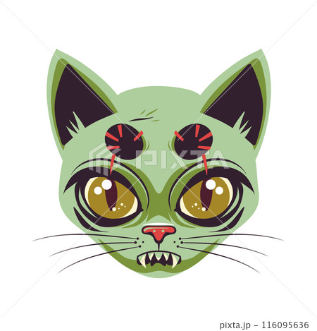 Zombie cat illustration hypnotic eyes red targets. Green undead feline drawing expressing horror theme. Cartoon style spooky kitty featuring Halloween elements Zombie cat illustration hypnotic eyes red targets. Green undead feline drawing expressing horror theme. Cartoon style spooky kitty featuring Halloween elements 116095636
