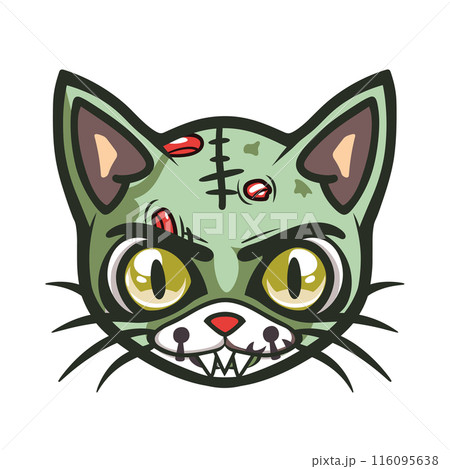 Cartoon zombie cat face stitches, big yellow eyes, sharp teeth. Green skinned undead feline head red wounds dark patches. Creepy cute stylized horror kitten graphic isolated white background 116095638