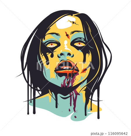 Zombie woman face dripping blood yellow skin. Dark hair frames horrific undead female horror. Red eyes gaze frightfully spooky illustration Zombie woman face dripping blood yellow skin. Dark hair frames horrific undead female horror. Red eyes gaze frightfully spooky illustration 116095642