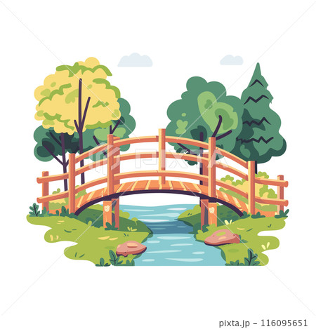 Wooden bridge crossing over bubbling stream surrounded lush greenery trees, serene park setting. Quaint bridge illustration river, foliage, peaceful nature landscape, cartoon style. Idyllic wooden Wooden bridge crossing over bubbling stream surrounded lush greenery trees, serene park setting. Quaint bridge illustration river, foliage, peaceful nature landscape, cartoon style. Idyllic wooden 116095651