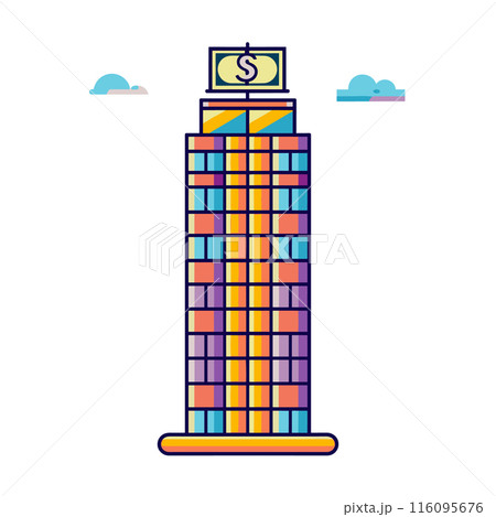 Vibrant skyscraper adorned dollar sign top symbolizing financial power, commerce. Multicolored office building represents urban business district, economic growth. Simplified cartoonish style Vibrant skyscraper adorned dollar sign top symbolizing financial power, commerce. Multicolored office building represents urban business district, economic growth. Simplified cartoonish style 116095676