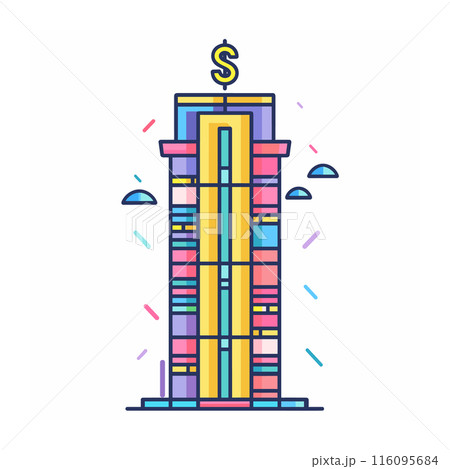 Colorful skyscraper building vector illustration finance business symbol. Corporate skyline office architecture dollar sign financial economy growth. Cartoon urban highrise commercial tower 116095684
