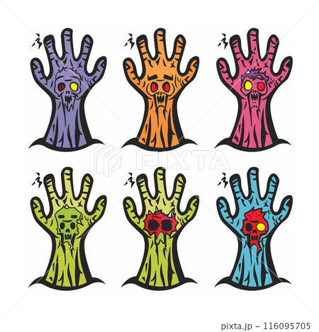 Six colorful zombie hands rising, different skin tones unique eye details. Grotesque undead hands, expressive cartoonish, surrounded flies. Vibrant horrorthemed graphic, perfect Halloween designs Six colorful zombie hands rising, different skin tones unique eye details. Grotesque undead hands, expressive cartoonish, surrounded flies. Vibrant horrorthemed graphic, perfect Halloween designs 116095705