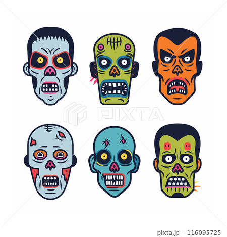 Set colorful cartoon zombie faces expressing various emotions. Six different monster heads vibrant colors, scary features, creative designs. Graphic Halloween themed vector artwork isolated white 116095725