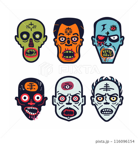 Set six colorful zombie faces designed cartoon style, zombie head features distinct expressions detailed facial injuries, positioned against white background. Zombie illustrations scarred 116096154