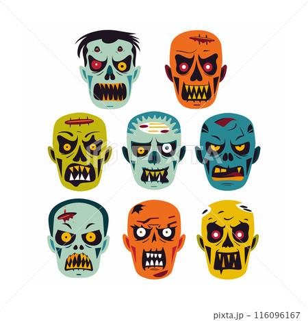 Collection cartoon zombie faces showing different expressions. Vibrant colors, varying designs signify distinct undead characters. Horror themed graphics perfect Halloween decorations game avatars Collection cartoon zombie faces showing different expressions. Vibrant colors, varying designs signify distinct undead characters. Horror themed graphics perfect Halloween decorations game avatars 116096167