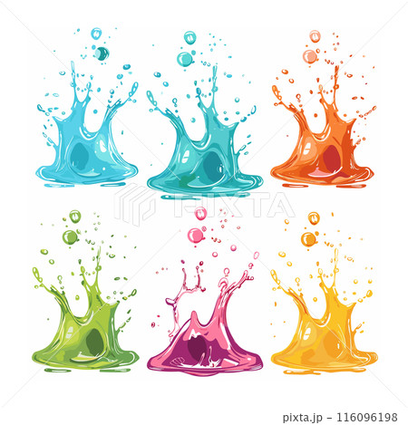 Colorful liquid splashes set isolated white. Six vibrant paint splatters, vector illustration. Creative drops blobs various colors, colorful design elements 116096198
