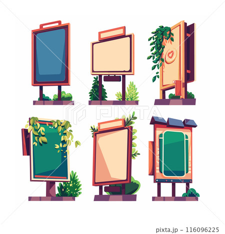 Six colorful cartoon billboards, varying design, surrounded green plants. Empty advertisement boards displaying messages public spaces, vibrant, stylized illustration, billboard features different Six colorful cartoon billboards, varying design, surrounded green plants. Empty advertisement boards displaying messages public spaces, vibrant, stylized illustration, billboard features different 116096225