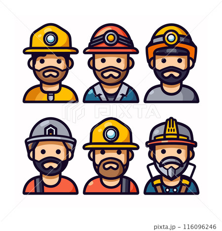 Six male miners cartoon avatars wearing different mining helmets safety gear. Helmets feature headlamps, vibrant yellow others utility icons. Avatars represent diverse miner professions various 116096246