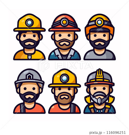 Six miners depicted, unique safety helmets, beards, facial expressions. Miners wearing helmets lights, reflective stripes, diverse beard styles. Cartoon miners, colorful uniforms, professional 116096251