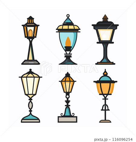 Set six colorful street lamps, unique designのイラスト素材