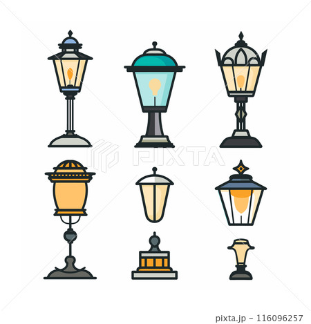 Collection street lamps illustrated flat design. Various designs street lighting fixtures. Colorful icons set urban lampposts isolated white background 116096257