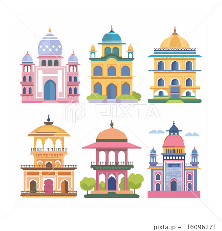 Collection colorful Indian landmark illustrations, famous buildings, architectural icons. Flat design Indian palaces temples, varied shapes sizes, cultural heritage sites. Vibrant colors, detailed 116096271