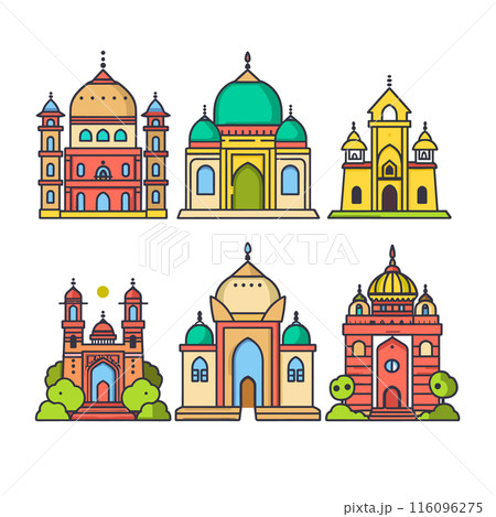 Colorful vector illustrations various mosques, featuring domes, minarets, arches. Flat design style depicting Islamic architecture, intricate details ornamental elements, mosque unique mix warm cool 116096275