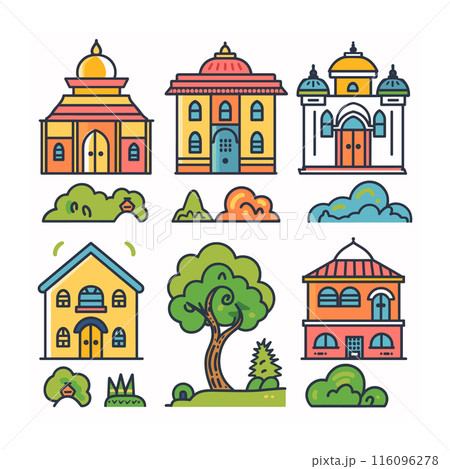 Colorful vector illustration featuring collection buildings landscape elements. Buildings include mosque dome, classical buildings pillars, traditional house, surrounded trees, bushes, clouds. Art 116096278