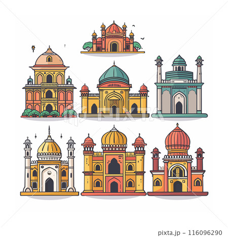 Colorful illustration featuring six separate Indian architectural landmarks, building displays intricate designs domes characteristic Indian culture. Vibrant colors, such orange, yellow, green, red Colorful illustration featuring six separate Indian architectural landmarks, building displays intricate designs domes characteristic Indian culture. Vibrant colors, such orange, yellow, green, red 116096290