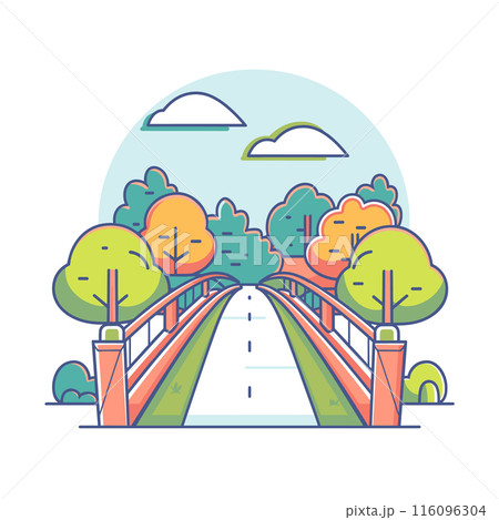 Illustration depicts colorful bridge leading through scenic autumn landscape. Vibrant trees line road, clouds float pastel sky, serene nature vibe. Cartoon style, smooth lines, gradient colors give Illustration depicts colorful bridge leading through scenic autumn landscape. Vibrant trees line road, clouds float pastel sky, serene nature vibe. Cartoon style, smooth lines, gradient colors give 116096304