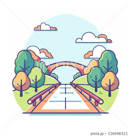 Colorful stylized vector illustration park trees, bridge, footpath under clear sky. Landscape art depicting tranquil nature scene, suitable childrens book animation. Cartoon drawing presents outdoor Colorful stylized vector illustration park trees, bridge, footpath under clear sky. Landscape art depicting tranquil nature scene, suitable childrens book animation. Cartoon drawing presents outdoor 116096321