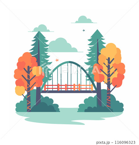 Pictorial representation serene park bridge crossing river, fall theme. Trees showcasing autumn foliage flank peaceful bridge. Park bridge spans river amidst changing leaves, flat design 116096323