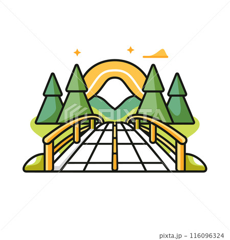 Flat design vector illustration landscape bridge, green trees, mountains yellow sun behind peaks. Bright colors, simple geometrical shapes, cartoonish style define artwork. Landscape scene ideal 116096324