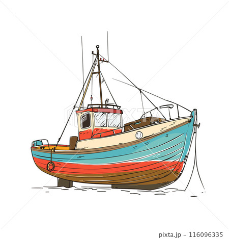Fishing boat docked, colorful vessel, sea fishing. Handdrawn style illustration, nautical theme, vibrant hues. Moored fishermans boat, maritime equipment, isolated white background Fishing boat docked, colorful vessel, sea fishing. Handdrawn style illustration, nautical theme, vibrant hues. Moored fishermans boat, maritime equipment, isolated white background 116096335