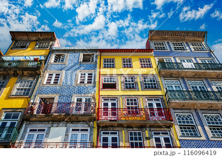 View of Portuguese colorful houses in Porto city, Portugal 116096419