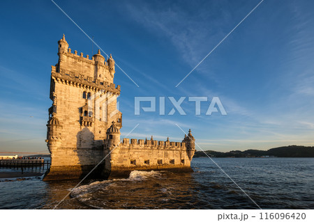 Belem Tower on the bank of the Tagus River on sunset. Lisbon, Portugal 116096420