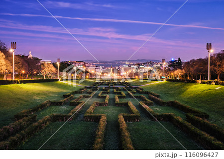 View of Lisbon Marquis of Pombal Square seen from the Eduardo VII Park in night, Portugal 116096427