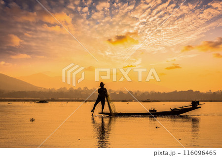 Traditional Burmese fisherman at Inle lake Myanmar 116096465