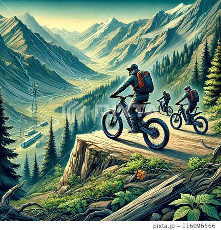 electric bikes riding through an unexplored, wild 116096566