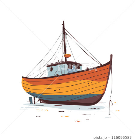 Colorful fishing boat ashore illustration. Striped wooden boat dry docked, sunny day. Detailed cartoon vessel art, nautical theme 116096585
