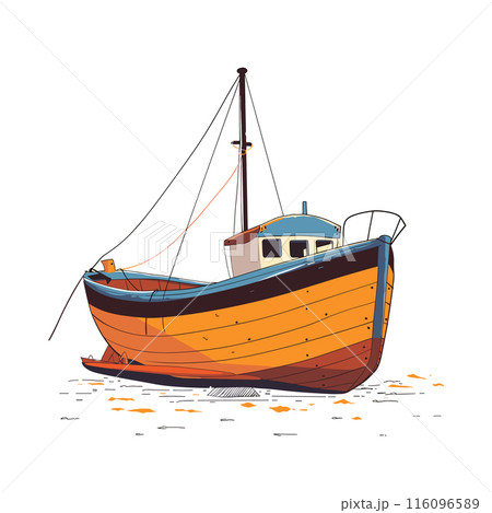 Fishing boat illustration stranded land, orange blue hull, mast, rigging. Cartoon style drawing wooden fishing vessel grounded, white cabin, antenna, fallen leaves. Vintage fisherman boat graphic 116096589