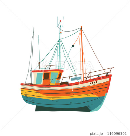 Colorful fishing boat illustration masts, nets, wheelhouse. Vintage style seafaring vessel, marine transportation. Oceanready commercial fisher isolated white background 116096591