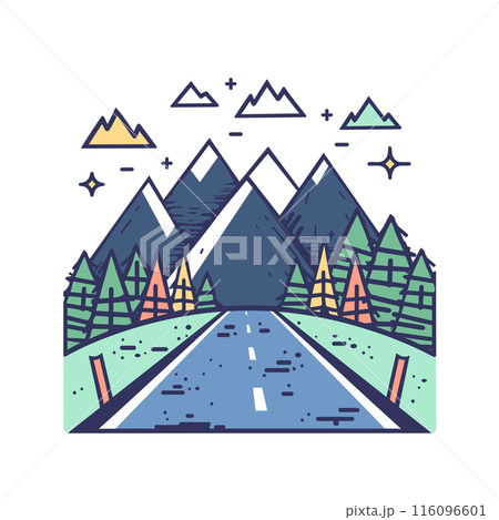 Scenic vector illustration mountain landscape, road leading mountains amidst trees under starry sky. Vibrant colors depict outdoor adventure, travel theme, nature backdrop. Stylized graphic 116096601