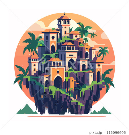 Fantasy castle perched atop floating island, surrounded lush greenery under sunset sky. Mystical floating city palm trees orange hues, evoking sense adventure. Stylized graphic magical citadel 116096606