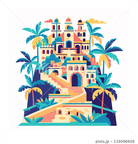 Colorful flat design vector illustration tropical palace surrounded lush vegetation. Stylized ancient temple ornate architecture featuring domes, stairs, palm trees. Vibrant travelthemed graphic 116096608