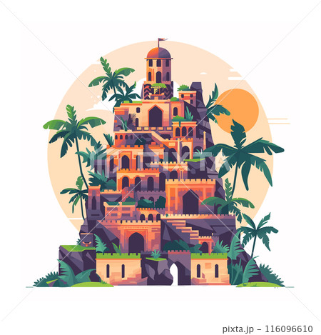 Ancient castle surrounded palm trees under golden sunset. Multilayered historic building terraces dome. Vibrant colors depicting tropical fortress architecture 116096610