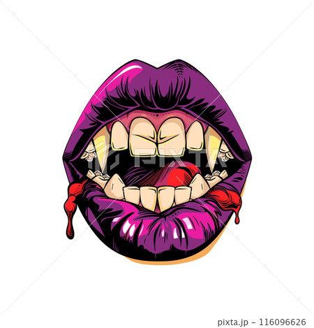 Vibrant purple lips dripping red, exaggerated comic style. Open yellow teeth, red tongue, visible drip. Pop art style illustration sensuous lips, shiny lip gloss effect 116096626