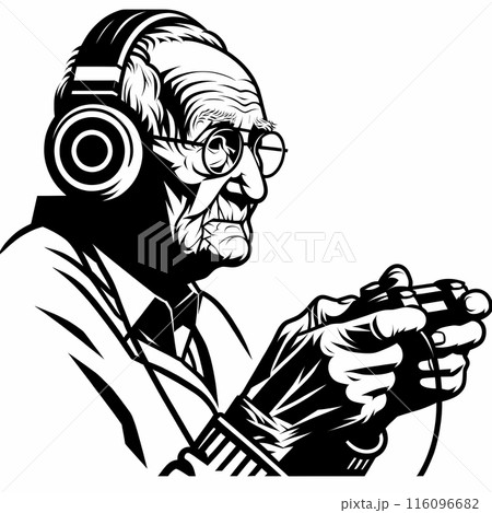ゲームコントローラーを持ってゲームしている老人のイラスト 116096682