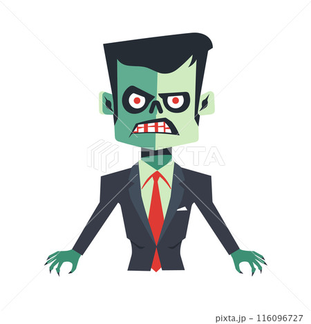Cartoon zombie business suit animated Halloween character standing eerie expression vector illustration isolated white background. Greenskinned monster formal attire red tie exaggerated features Cartoon zombie business suit animated Halloween character standing eerie expression vector illustration isolated white background. Greenskinned monster formal attire red tie exaggerated features 116096727