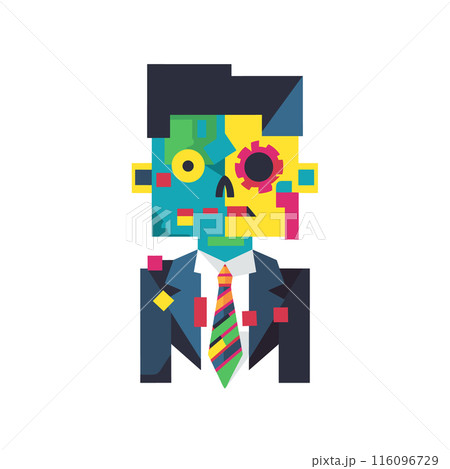 Colorful geometric zombie businessman abstraction, surreal mix corporate work attire, horror. Bright neon colors highlighting distorted facial features, wearing dark suit, multicolor tie. Creative Colorful geometric zombie businessman abstraction, surreal mix corporate work attire, horror. Bright neon colors highlighting distorted facial features, wearing dark suit, multicolor tie. Creative 116096729