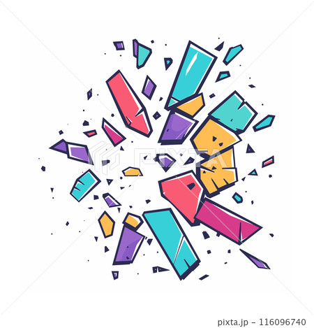 Colorful shattered glass pieces explosion isolated white background. Geometric fragments bursting into smaller shards, abstract art cartoon graphic style. Multiple triangular rectangular shapes Colorful shattered glass pieces explosion isolated white background. Geometric fragments bursting into smaller shards, abstract art cartoon graphic style. Multiple triangular rectangular shapes 116096740