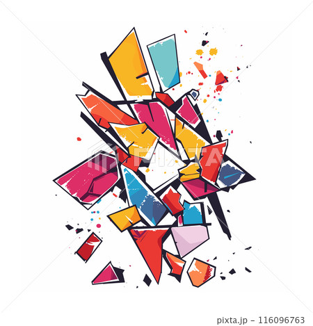 Abstract geometric artwork features vibrant colored shards against isolated white background. Bright shapes explosion comprises red, yellow, blue, pink, orange fragments scattered dynamically 116096763