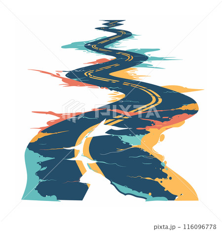 Abstract distorted road reflection. Curved road yellow lines colorful background. Creative street reflection art piece Abstract distorted road reflection. Curved road yellow lines colorful background. Creative street reflection art piece 116096778