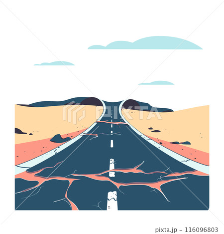 deserted desert road riddled large cracks potholes, extending towards hills aerial view vector illustration, calming blue sky spotted clouds, cracked road stretch cutting through barren landscape 116096803