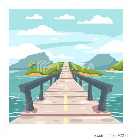 long wooden bridge extends over serene lake towards lush, green island distance. Mountains trees create peaceful backdrop under clear, blue sky scattered clouds. Ideal adventure, travel 116097256