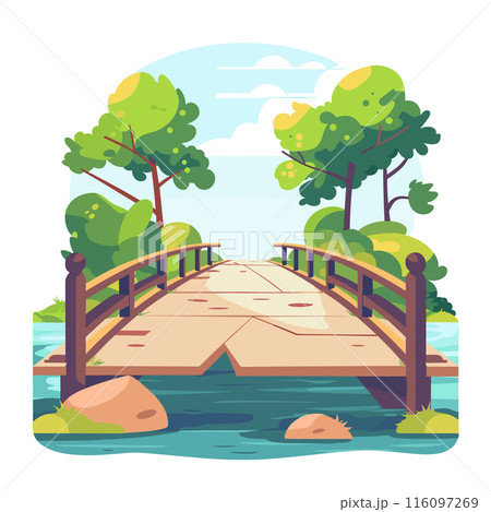 Cartoon wooden bridge crosses peaceful river amid vibrant green trees, under partly cloudy sky. Tranquil scenic nature landscape ideal park, garden setting leisure walk. Smooth flowing water Cartoon wooden bridge crosses peaceful river amid vibrant green trees, under partly cloudy sky. Tranquil scenic nature landscape ideal park, garden setting leisure walk. Smooth flowing water 116097269