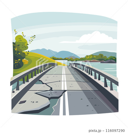 Cracked bridge crossing river surrounded hills cloudy sky background vector illustration. Broken concrete bridge road damaged illustration rural landscape mountain view vector. Dilapidated structure Cracked bridge crossing river surrounded hills cloudy sky background vector illustration. Broken concrete bridge road damaged illustration rural landscape mountain view vector. Dilapidated structure 116097290